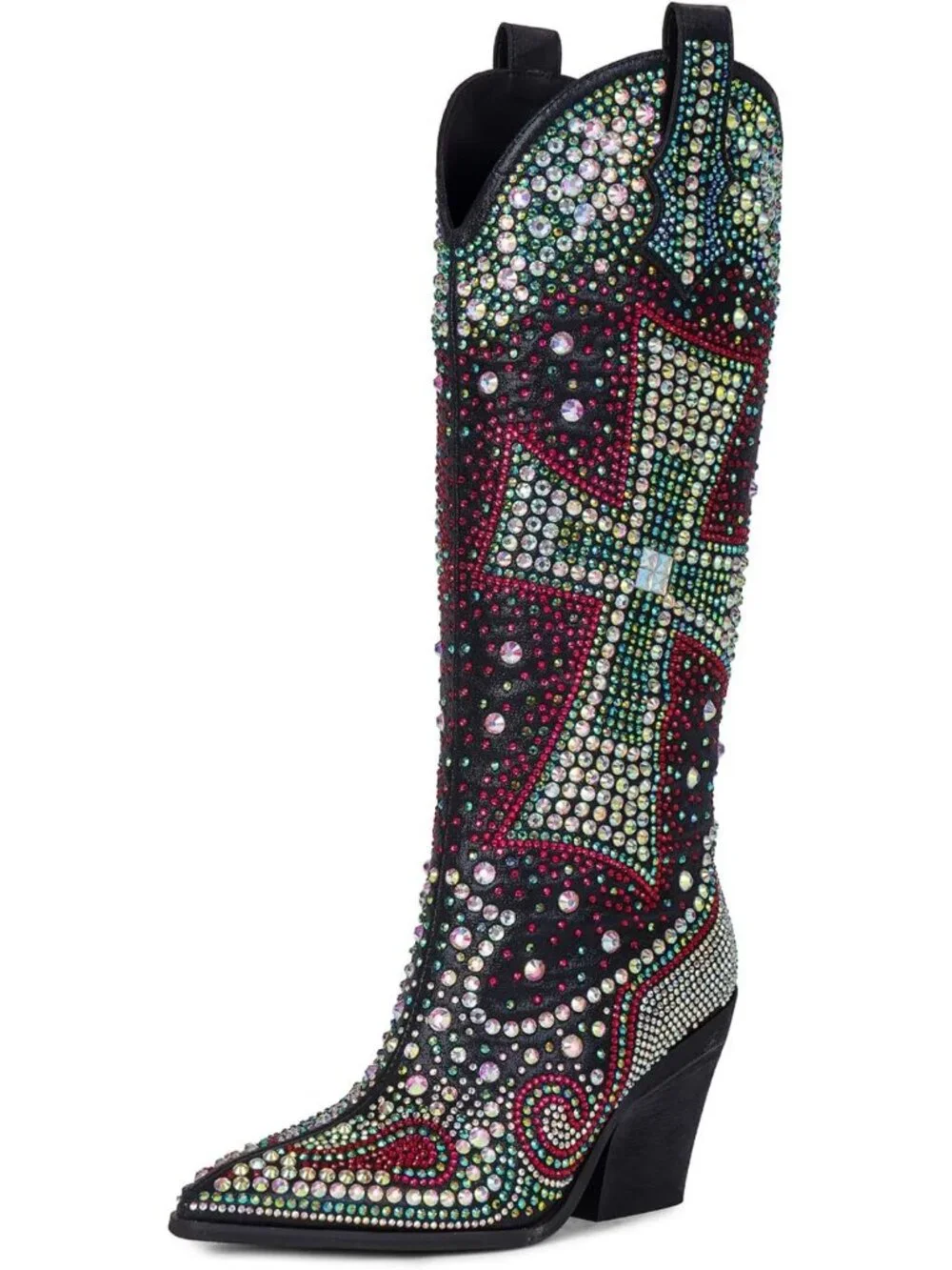 Women's Multi Blue Crystal Cross Embellished Pointed Toe Sparkly Cowgirl Boots